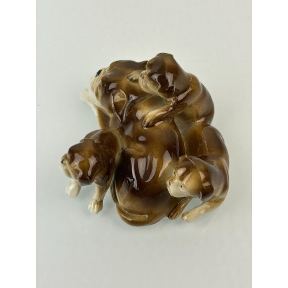 Vintage Ceramic Bulldog & Puppies Figure Brown Dogs Flaw Chipped Ear Home Decor - Picture 11 of 12